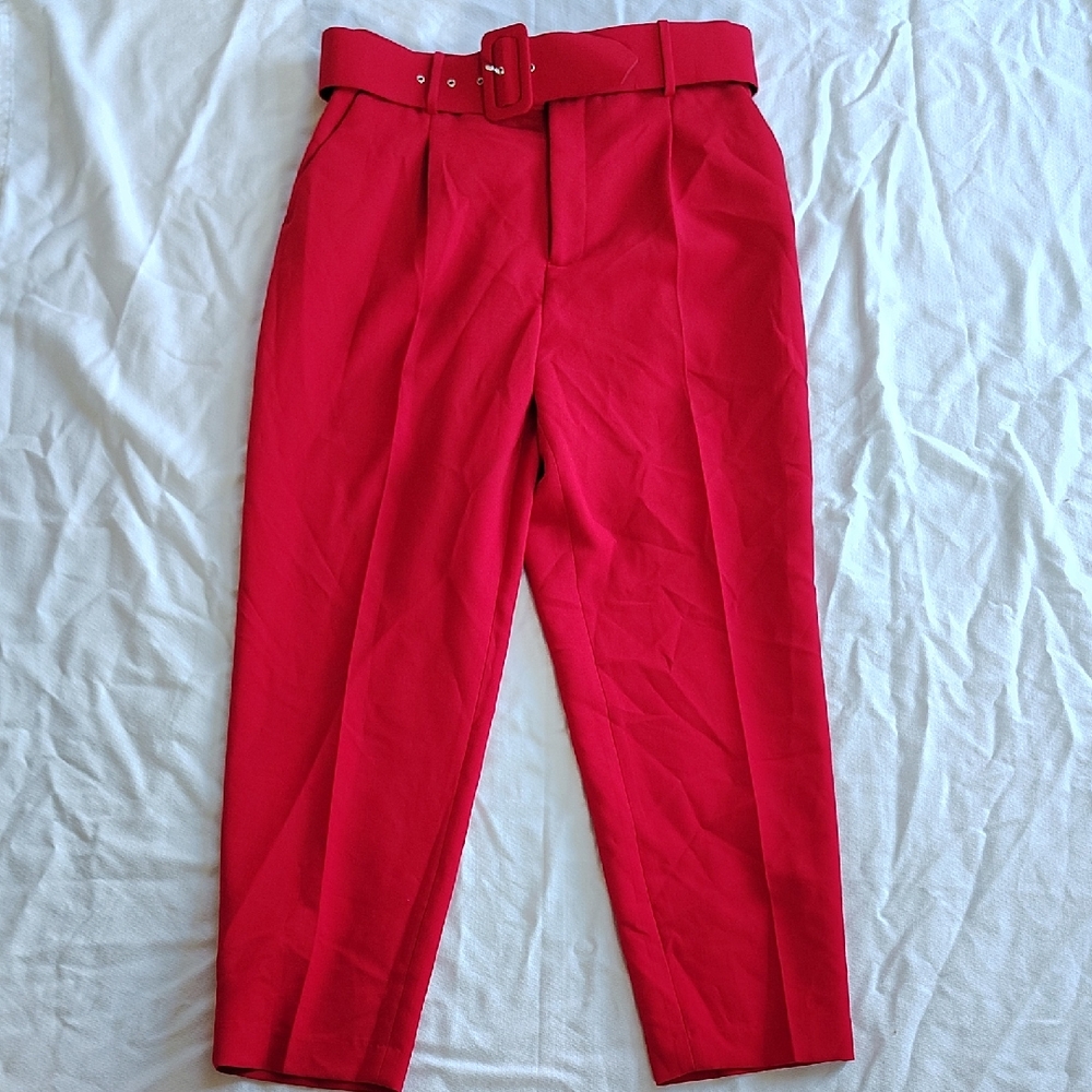 Zara Women's Red Pants With A Matching Belt Size L Front Zipper And Snap Button